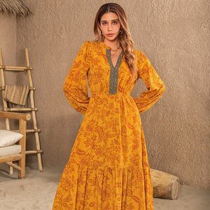 Printed Notched Balloon Sleeve Dress